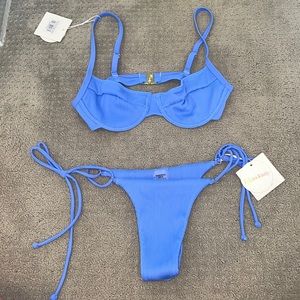 Kulani Kini Ditzy Underwire Bra bikini top and bottom, blue ribbed